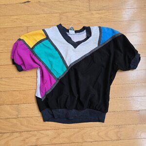 vintage 80's | colorful color block sporty black fitted retro shirt | WMS S
